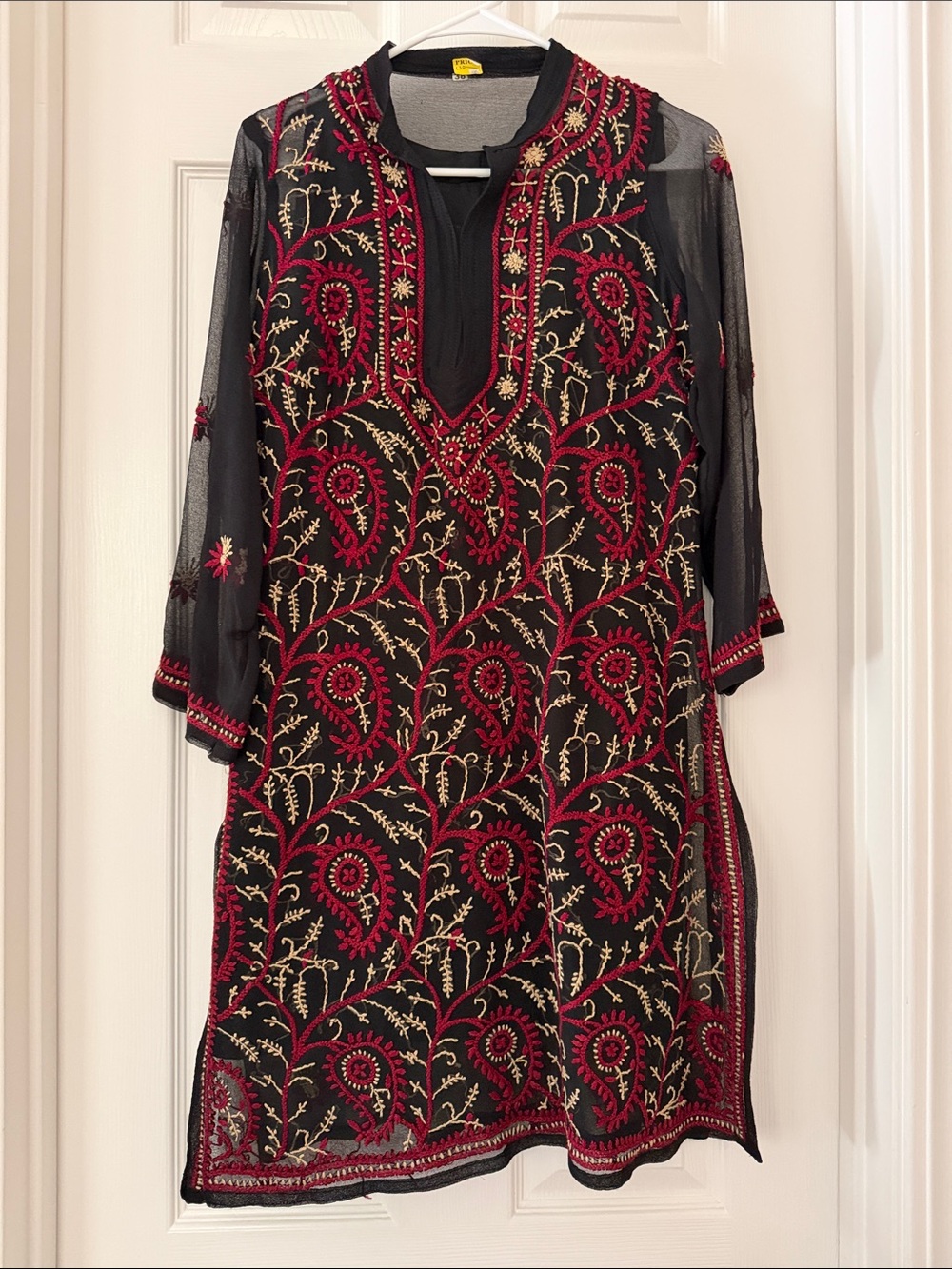 Embroidered Black Tunic with Red & Gold Floral Design